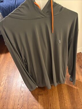 Men's Olive Green Hooded Long-Sleeve Pullover with Orange Drawcord